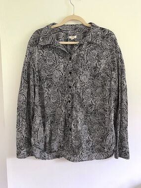Talbots Black White 100% Cotton Paisley Button-Down Long Sleeve Shirt Top Large